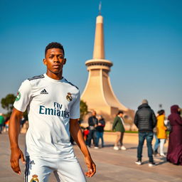A dynamic and striking image of Kylian Mbappé wearing Real Madrid's soccer kit, standing confidently beside the Azadi Tower in Tehran