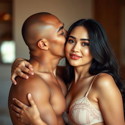 A 39-year-old Indonesian man with pure white skin warmly hugs a beautiful 28-year-old woman from behind, kissing her cheek affectionately