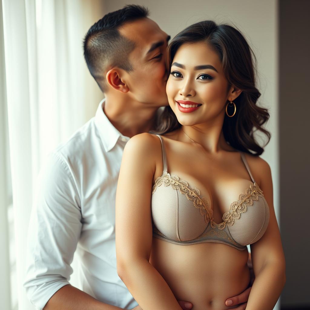 A 39-year-old Indonesian man with pure white skin warmly hugs a beautiful 28-year-old woman from behind, kissing her cheek affectionately