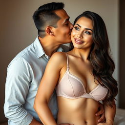 A 39-year-old Indonesian man with pure white skin warmly hugs a beautiful 28-year-old woman from behind, kissing her cheek affectionately