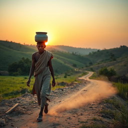 A scene depicting a young man named Raju walking barefoot on a dirt path through a rural landscape