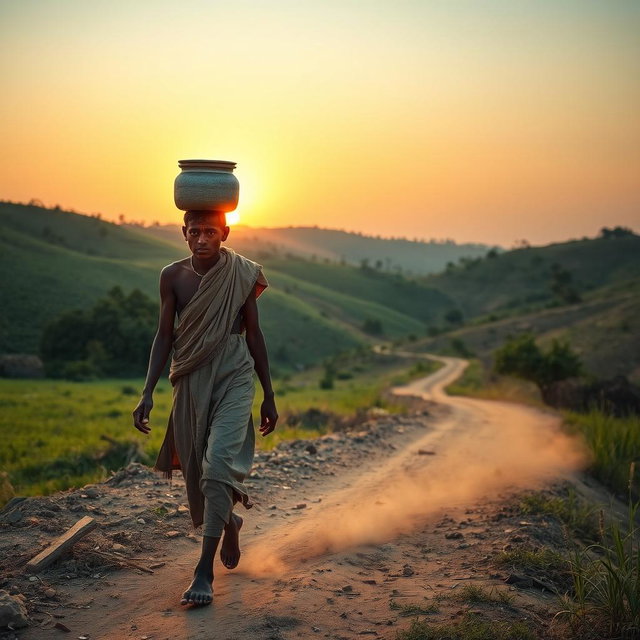 A scene depicting a young man named Raju walking barefoot on a dirt path through a rural landscape