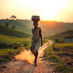 A scene depicting a young man named Raju walking barefoot on a dirt path through a rural landscape