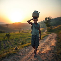 A scene depicting a young man named Raju walking barefoot on a dirt path through a rural landscape