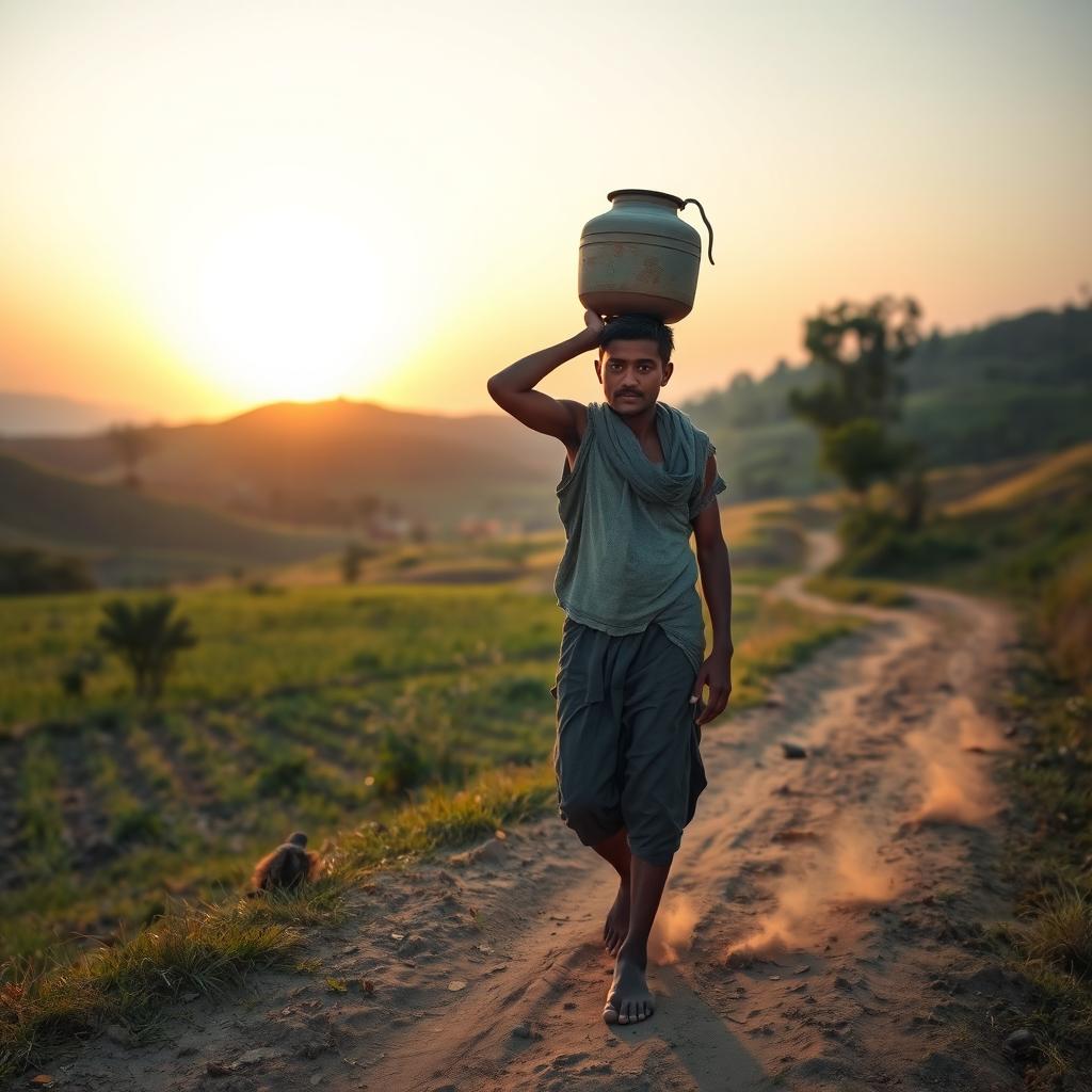 A scene depicting a young man named Raju walking barefoot on a dirt path through a rural landscape