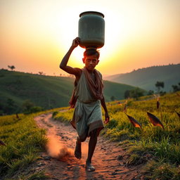 A scene depicting a young man named Raju walking barefoot on a dirt path through a rural landscape