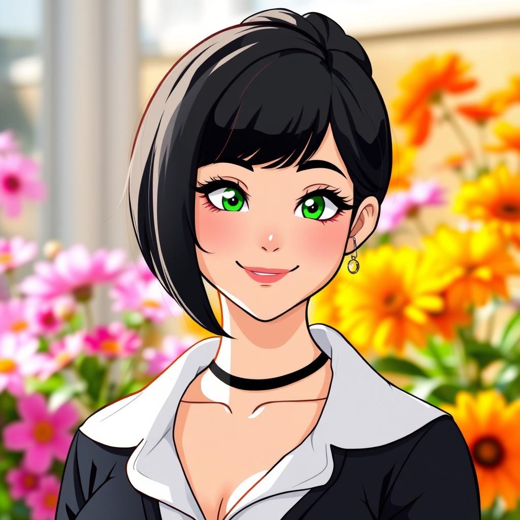 A black-haired woman with a round face and green, slanted eyes adorned with long eyelashes
