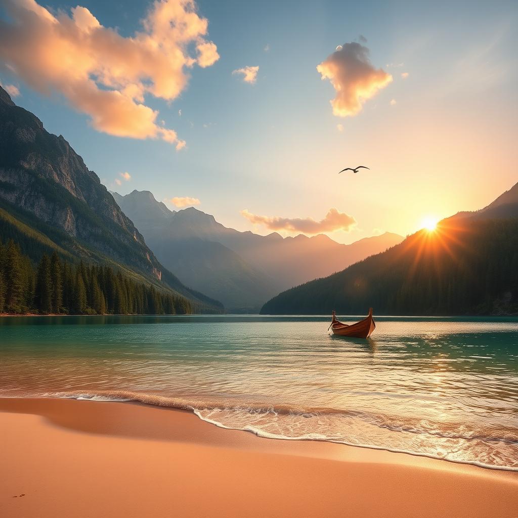 A serene natural landscape featuring majestic mountains in the background, lush green forests surrounding a clear, tranquil lake, and a soft sandy beach leading to gentle waves lapping at the shore