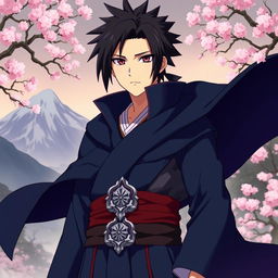 An imaginative portrait of a character inspired by Khamenei wearing a unique variation of Sasuke Uchiha's outfit from Naruto, featuring a dark blue high-collared cloak, matching pants, and an intricate belt