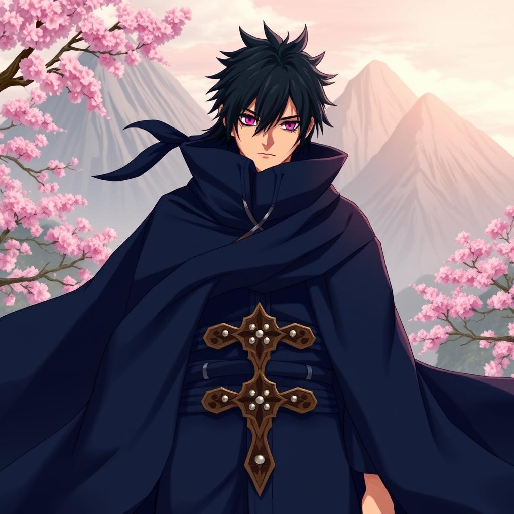 An imaginative portrait of a character inspired by Khamenei wearing a unique variation of Sasuke Uchiha's outfit from Naruto, featuring a dark blue high-collared cloak, matching pants, and an intricate belt