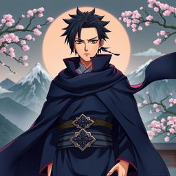 An imaginative portrait of a character inspired by Khamenei wearing a unique variation of Sasuke Uchiha's outfit from Naruto, featuring a dark blue high-collared cloak, matching pants, and an intricate belt
