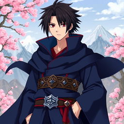 An imaginative portrait of a character inspired by Khamenei wearing a unique variation of Sasuke Uchiha's outfit from Naruto, featuring a dark blue high-collared cloak, matching pants, and an intricate belt