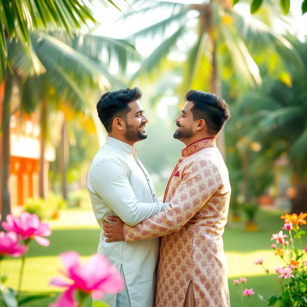 A romantic scene set in India featuring two men in love, embracing each other in a lush green park with blooming flowers