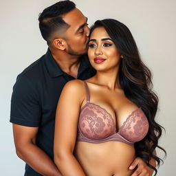 A 39-year-old Indonesian man with pure white skin affectionately hugs a beautiful 28-year-old woman from behind, kissing her cheek tenderly