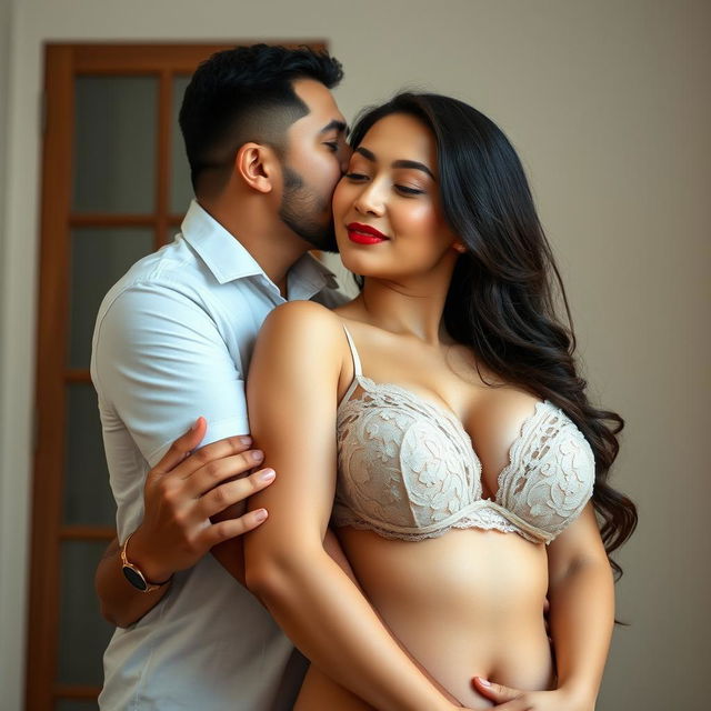 A 39-year-old Indonesian man with pure white skin affectionately hugs a beautiful 28-year-old woman from behind, kissing her cheek tenderly