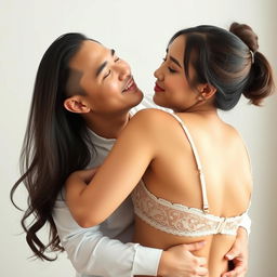 A 39-year-old Indonesian man with pure white skin affectionately hugs a beautiful 28-year-old woman from behind, kissing her cheek tenderly