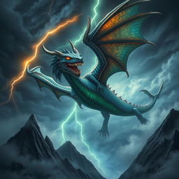 A fiercely intricate and highly detailed design of a mythical dragon, soaring majestically through a stormy sky adorned with dark, swirling clouds