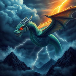 A fiercely intricate and highly detailed design of a mythical dragon, soaring majestically through a stormy sky adorned with dark, swirling clouds