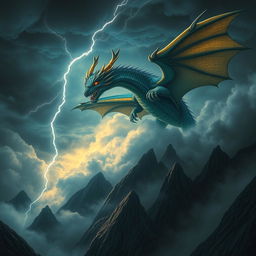 A fiercely intricate and highly detailed design of a mythical dragon, soaring majestically through a stormy sky adorned with dark, swirling clouds