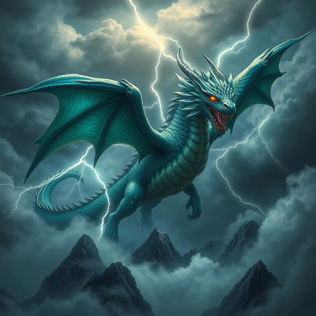A fiercely intricate and highly detailed design of a mythical dragon, soaring majestically through a stormy sky adorned with dark, swirling clouds