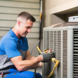 A skilled air conditioning mechanic with tools in hand, actively engaged in repairing an air conditioning unit within a residential environment.