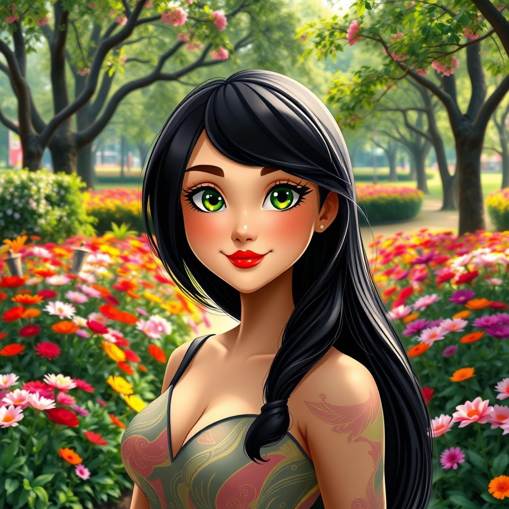 A human woman with black hair, a round face, and green, slanted eyes framed by long eyelashes