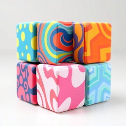 A detailed and colorful foam cube model with six sides, each side featuring a different vibrant pattern or design