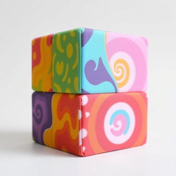 A detailed and colorful foam cube model with six sides, each side featuring a different vibrant pattern or design