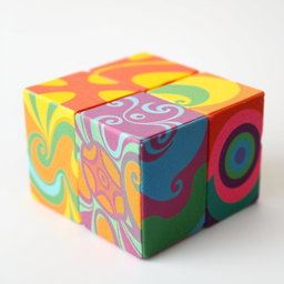 A detailed and colorful foam cube model with six sides, each side featuring a different vibrant pattern or design