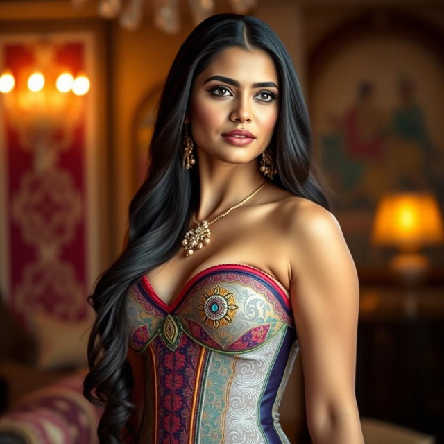 A stunning Indian woman wearing a beautifully designed latex corset that accentuates her curves