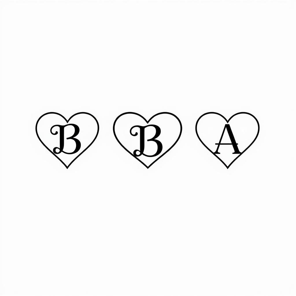 A minimalist design featuring three hearts, two hearts shaped with the letter 'B' creatively integrated into the heart shapes, and one heart shaped with the letter 'A'