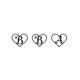 A minimalist design featuring three hearts, two hearts shaped with the letter 'B' creatively integrated into the heart shapes, and one heart shaped with the letter 'A'