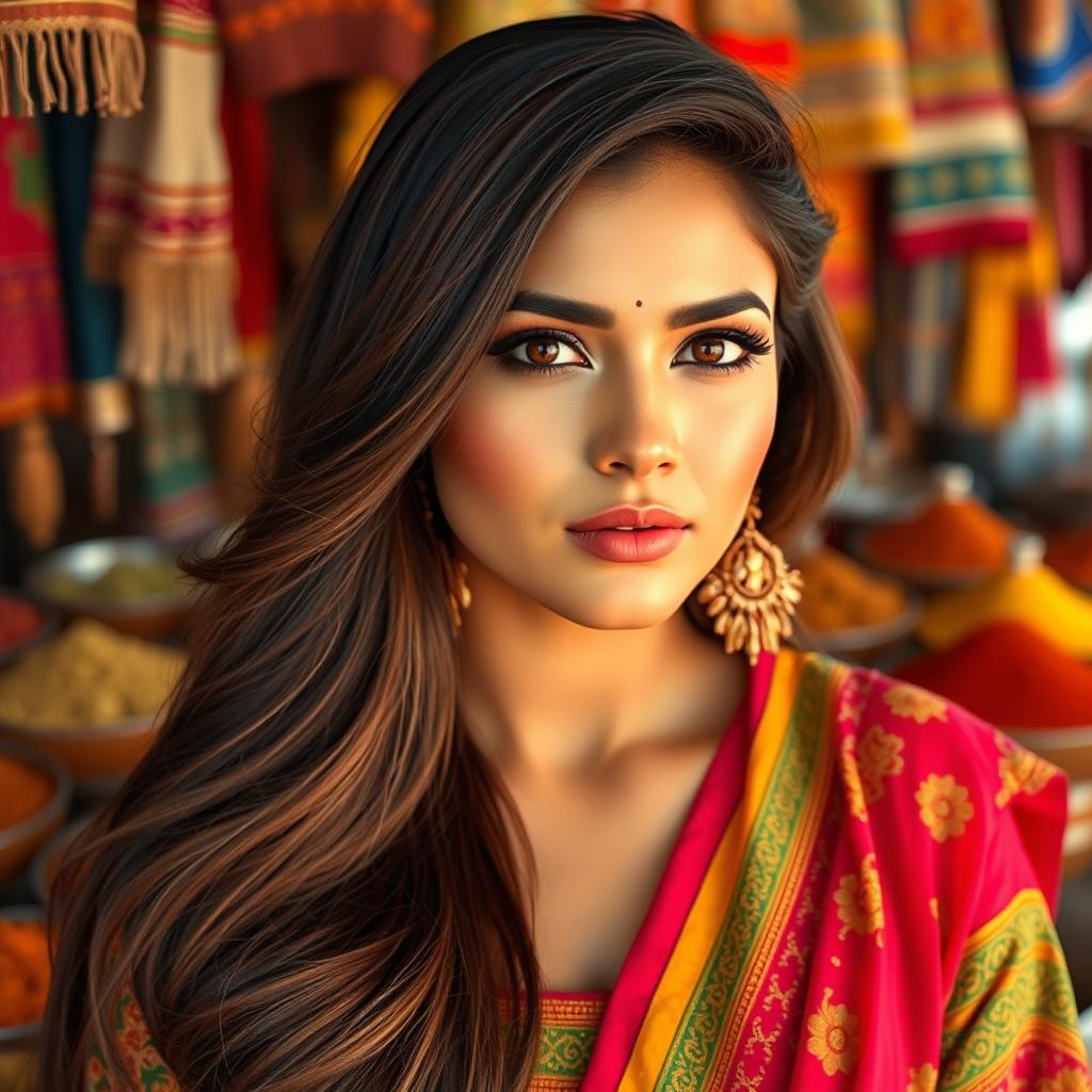 A stunning Pakistani woman with beautiful features, dressed in vibrant traditional attire