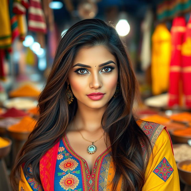 A stunning Pakistani woman with beautiful features, dressed in vibrant traditional attire