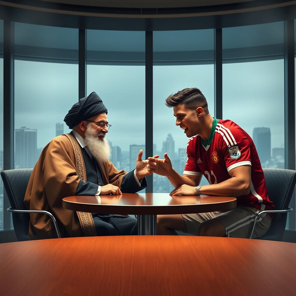 A captivating image depicting a tense discussion between Ayatollah Khamenei and Cristiano Ronaldo in a modern setting