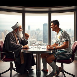 A captivating image depicting a tense discussion between Ayatollah Khamenei and Cristiano Ronaldo in a modern setting