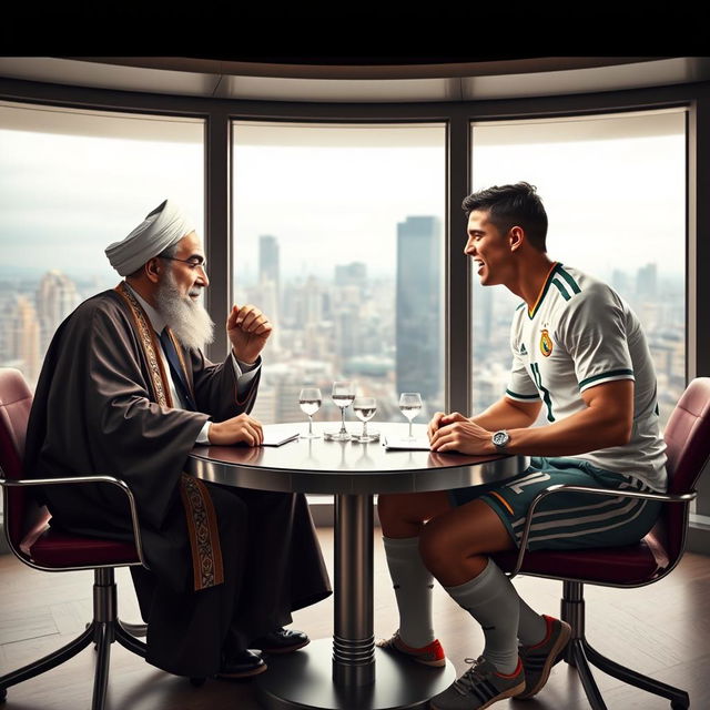 A captivating image depicting a tense discussion between Ayatollah Khamenei and Cristiano Ronaldo in a modern setting