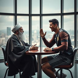 A captivating image depicting a tense discussion between Ayatollah Khamenei and Cristiano Ronaldo in a modern setting