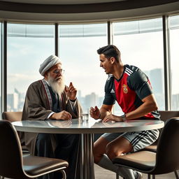 A captivating image depicting a tense discussion between Ayatollah Khamenei and Cristiano Ronaldo in a modern setting