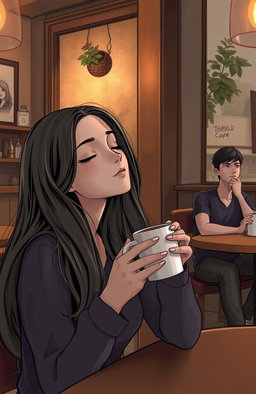 A beautiful girl with long, flowing hair is sitting in a cozy cafe, sipping a cup of coffee