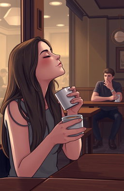 A beautiful girl with long, flowing hair is sitting in a cozy cafe, sipping a cup of coffee