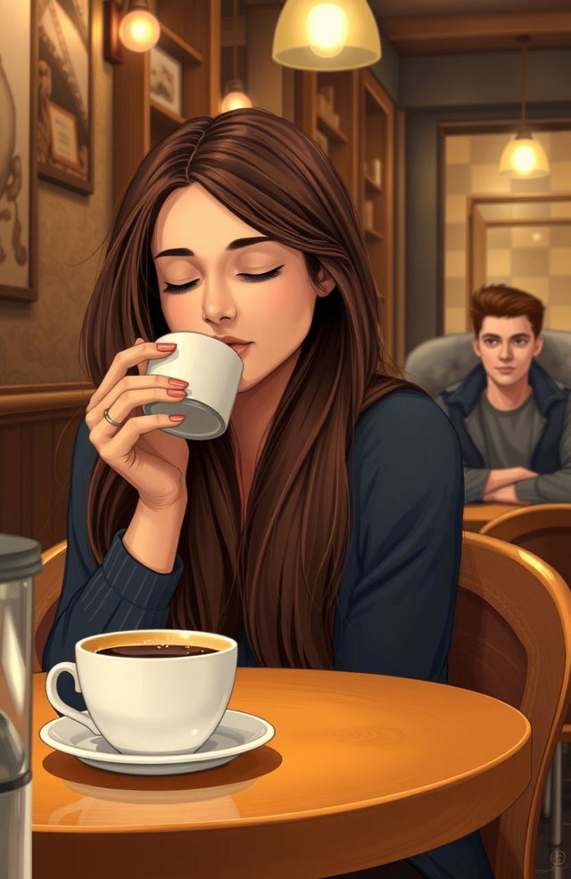A beautiful girl with long, flowing hair is sitting in a cozy cafe, sipping a cup of coffee