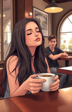 A beautiful girl with long, flowing hair is sitting in a cozy cafe, sipping a cup of coffee