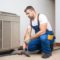 A skilled air conditioning mechanic with tools in hand, actively engaged in repairing an air conditioning unit within a residential environment.