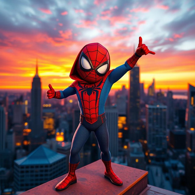 A whimsical and colorful image of a character inspired by Jannati, dressed in a Spider-Man costume