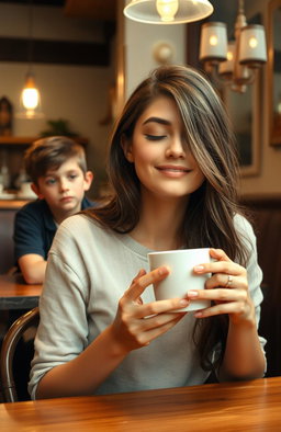 A beautiful young woman with delicate features, enjoying a cup of coffee in a cozy café setting