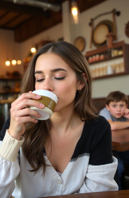 A beautiful young woman with delicate features, enjoying a cup of coffee in a cozy café setting