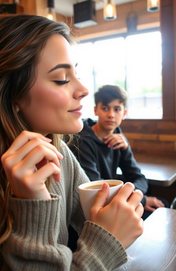 A beautiful young woman with delicate features, enjoying a cup of coffee in a cozy café setting