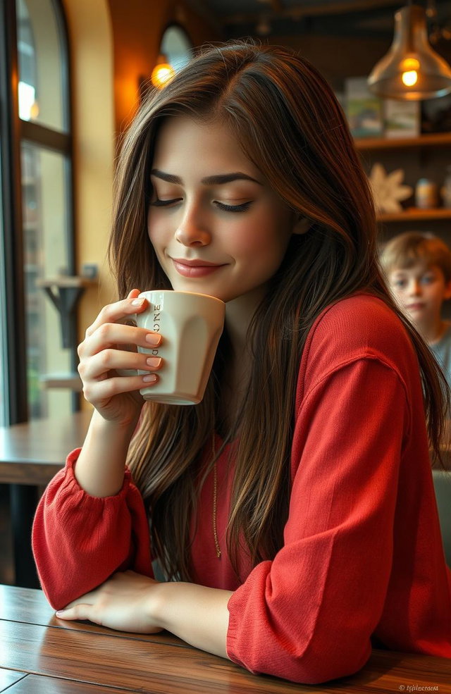 A beautiful young woman with delicate features, enjoying a cup of coffee in a cozy café setting