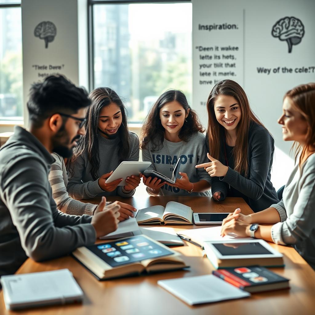 A highly detailed and realistic photograph capturing the theme of psychology, thinking, and social networks among students
